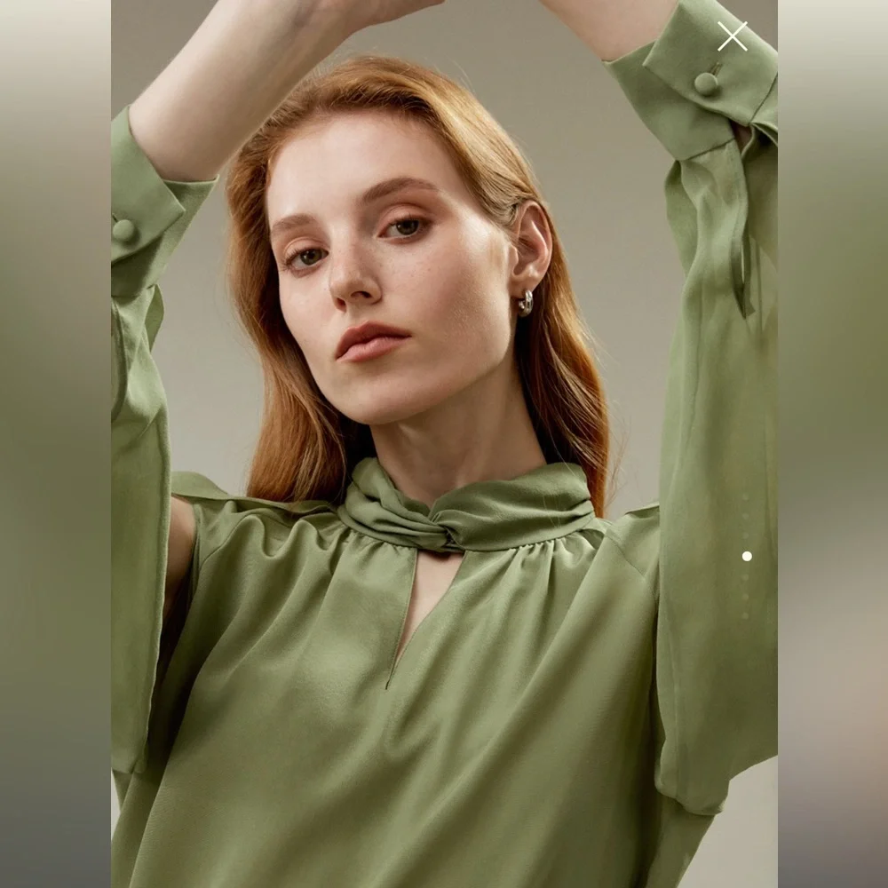 LilySilk Side Slit Lantern Sleeve Silk Blouse in Pistachio - Picture 3 of 9